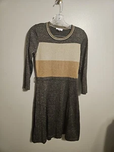 Calvin Klein Women's Metallic Gold & black Shimmer Striped Sweater Dress L - Picture 1 of 9