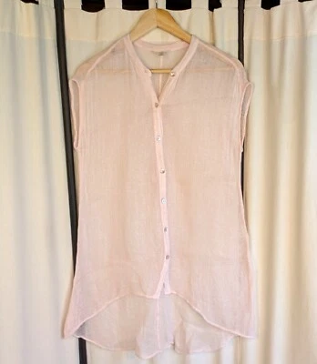 Eileen Fisher Organic Linen Nylon Mesh Tunic Top Pink  Petite Med Asymmetrical - Image 1 of 4