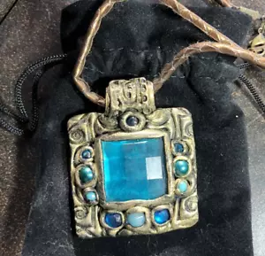 Statement Piece, Teal Victorian Square Pendant Medieval Inspired Artisan Signed - Picture 1 of 7