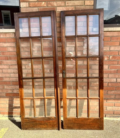 Antique Set 15 Pane Double French Pine Doors Fits 79.25” X 54.25” Opening Cover