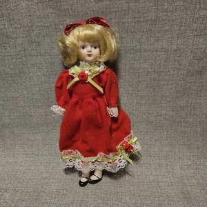 Vintage Mid Century Porcelain Doll 8 in Red Victorian Velvet Lace Trim Ball Gown - Picture 1 of 6