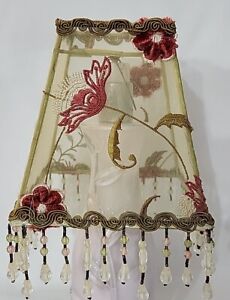 Vintage Floral Iridescent & Gold Clip On Lamp Shade W/ Beaded Fringe 5.25"T EUC 