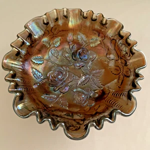 Imperial Carnival Glass Purple Footed Candy Dish Roses Ruffled Edge - Picture 1 of 12