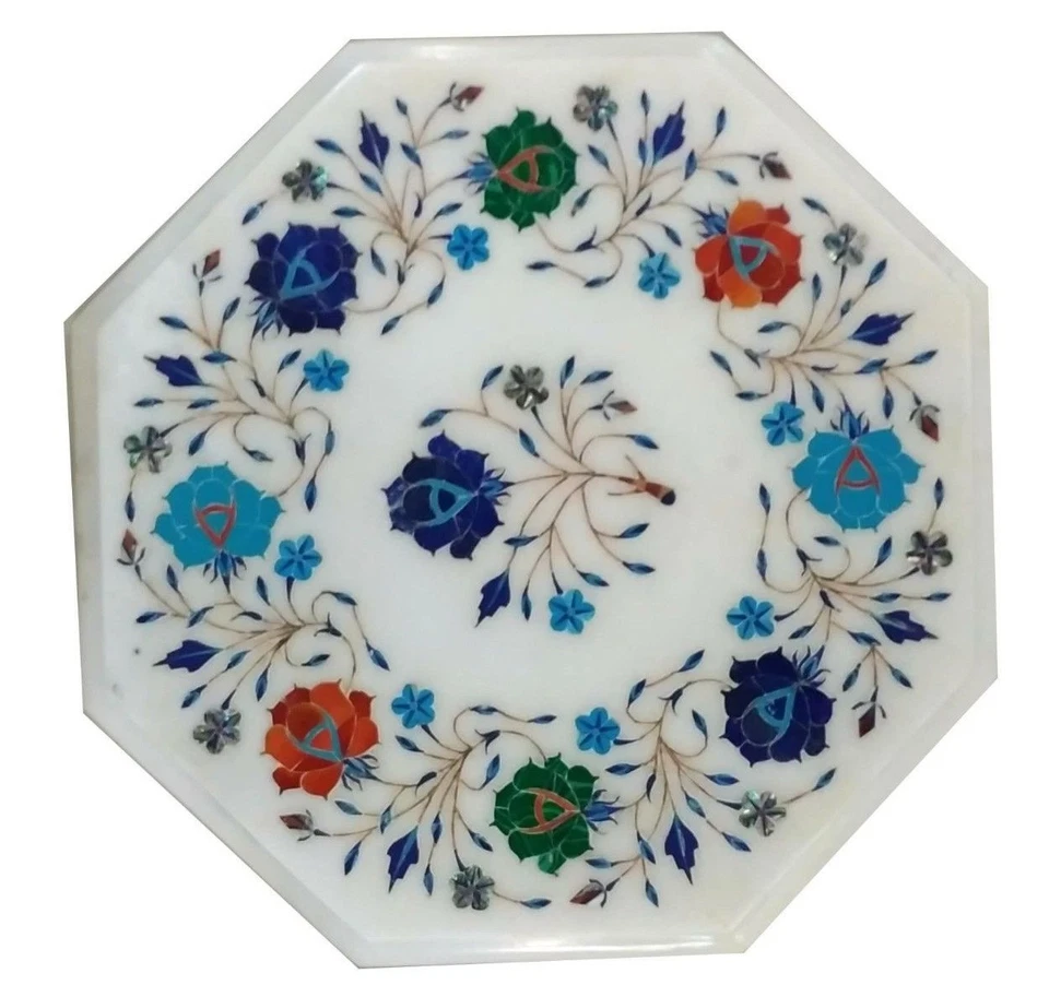 12" White Marble Side End Table Top Floral  Pietra Dura Handicraft Art Work - Image 1 of 1