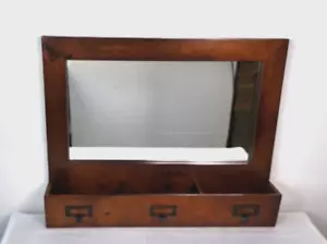Vtg walnut Wood Wall Mirror w/ storage box & hooks 23" x 19" country farm house - Picture 1 of 13
