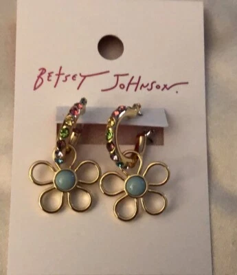 Betsey Johnson Gold Tone Love Fest Huggie Hoop Earrings Daisy Charm NWT - Image 1 of 4