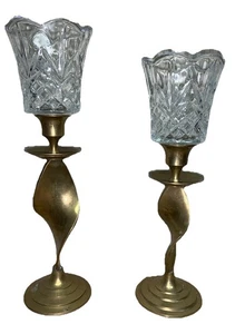 Brass Swirl Candle Stick Holders W/Vintage Glass Votive Or Tealight Holders - Picture 1 of 7