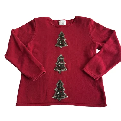 Suéter Christopher & Banks Rojo Árbol de Navidad Tejido Bordado a Mano Algodón Talla M Foto 1 de 4