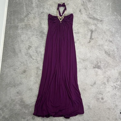 Sky Dress Womens Medium Purple Halter Maxi Formal Gold Tone Necklace Made in USA - Image 1 of 4