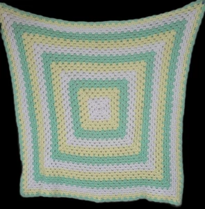 Handmade Crochet Afghan Baby Blanket Yellow Green White Crib Approx 44x44" - Picture 1 of 4