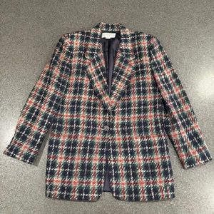 Vintage Liz Claiborne Wool Blue Red Plaid Tweed Blazer Size 10 Union Made  - Picture 1 of 7