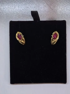 10k Yellow Gold Marquise Cut Ruby Gemstone Diamond Accents Estate Earrings - Picture 1 of 7