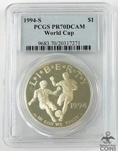 1994-S US $1 Silver Proof Coin, WORLD CUP SOCCER/FOOTBALL PCGS PR70 Deep Cameo - Picture 1 of 4