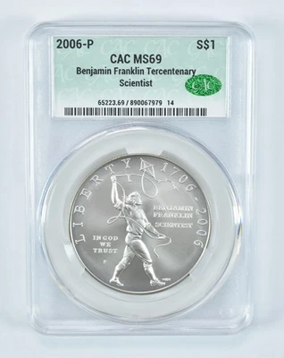 2006-P Ben Franklin Scientist Commemorative Silver Dollar MS69 CAC CACg *6990 - Image 1 of 4