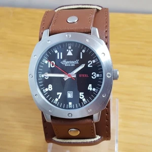 Herren Braun Breite Manschette Ingersoll Stahl Quarz Militär Stil 100m Taucheruhr NEU - Bild 1 von 10