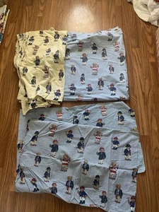 Vtg Ralph Lauren Polo Bear Stripe Sheet 2 Set Queen Flat Fitted 2 Pillowcase USA - Picture 1 of 5