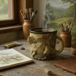 Taza de dinosaurio de cerámica Gempo vintage Japón años 60-70 taza de gres en alto relieve - Imagen 1 de 7