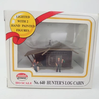 MODEL POWER HO SCALE #640 HUNTER'S LOG CABIN LIGHTED & 2 FIGURES NEW SEALED BOX - Image 1 of 4