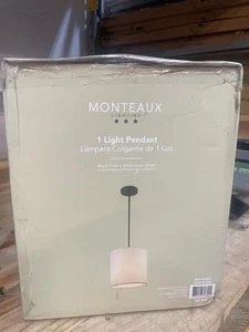 Monteaux Lighting 1-Light Black Drum Pendant with Linen Shade - Picture 1 of 6