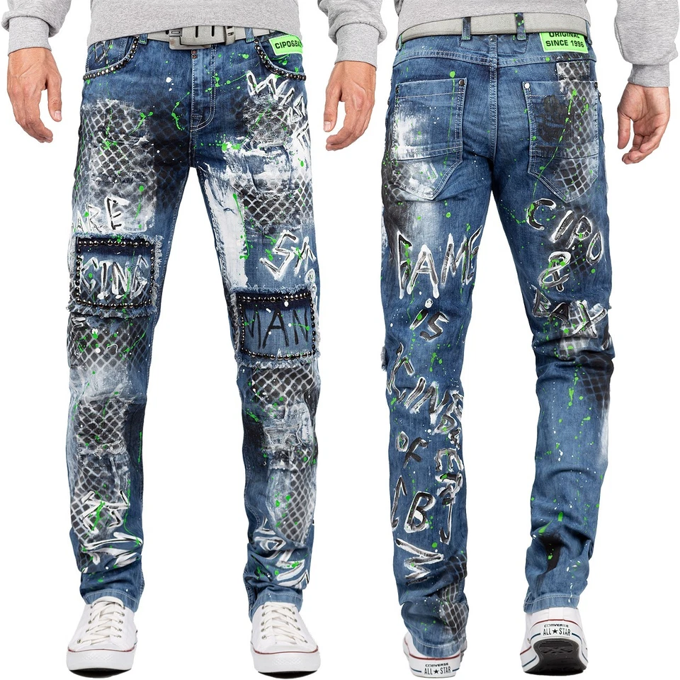 Pantalones de mezclilla para hombre Cipo & Baxx calce ajustado estilo motociclista brillo y tachuelas aspecto destruido azul Foto 1 de 1