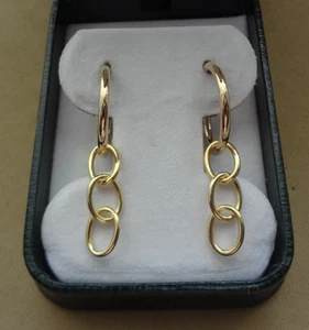 10K YELLOW GOLD HOOP EARRINGS W/ DANGLING OVAL LINK CHARMS - Picture 1 of 8