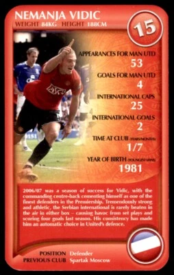 Top Trumps - Manchester United F.C. (2008) Nemanja Vidic No. 15 - Image 1 of 2