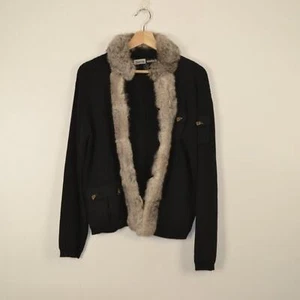 Jamie Sadock Cardigan Sweater Fur Trim Hook Closure Long Sleeve Ribbed Womens M - Picture 1 of 9
