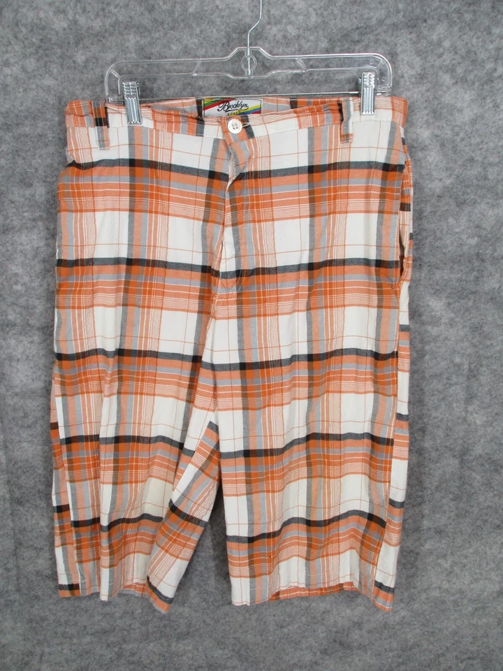 Bermudas para hombre Brooklyn Xpress naranja 34 bolsillos delanteros planos a cuadros blancas Foto 1 de 4