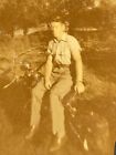 CH) Photograph Cute Handsome Man Posing On Motorcycle 1946 Sepia Artistic 
