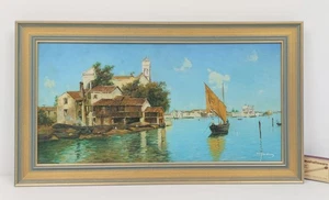 Pintura al óleo vintage indeut. signo. Barcos de pesca laguna Venecia Basílica de San Marcos marco - Imagen 1 de 8