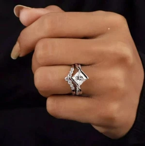 14K White Gold Plated Princess Cut Moissanite Wedding Bridal 2 Ct Band Set Ring - Picture 1 of 8