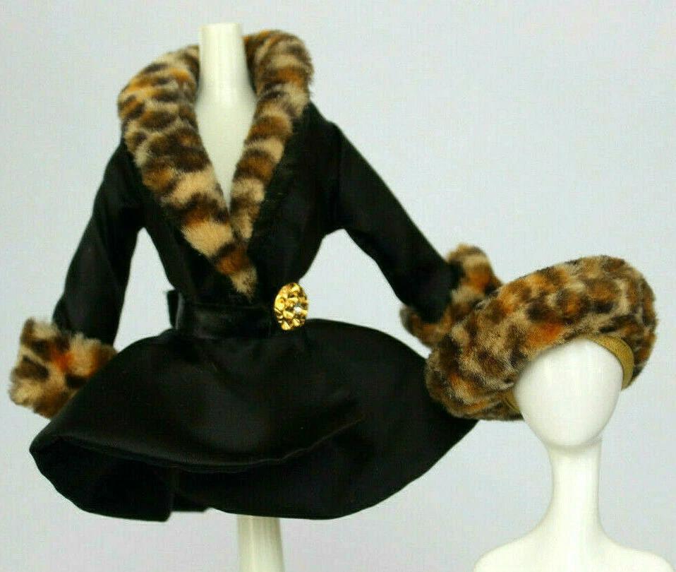 Black Satin Barbie Coat Jacket Leopard Faux Fur Collar Hat Belt Fashion Outfit - Image 1 of 4