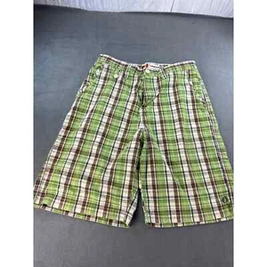 Hang Ten Board Shorts Mens 30Green Plaid Button Zip Pockets 100% Cotton - Picture 1 of 8