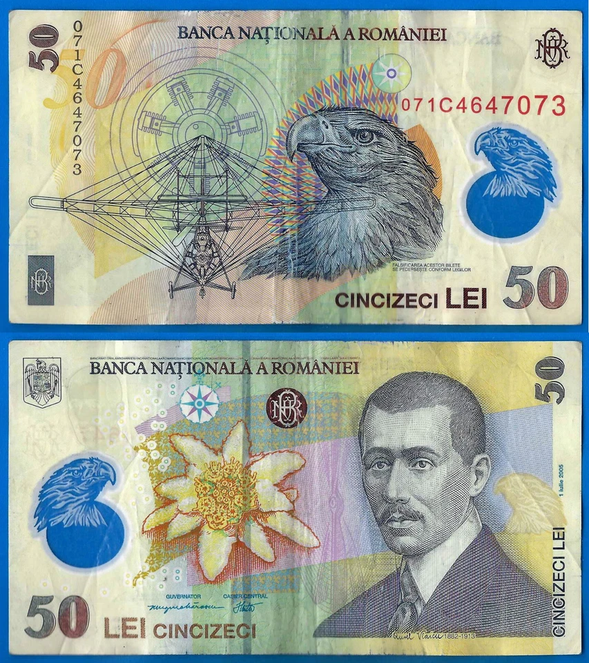 Romania 50 Lei 2005 Aigle Plane Polymer Centrale Europe Free Shipping Worldwide - Image 1 of 3