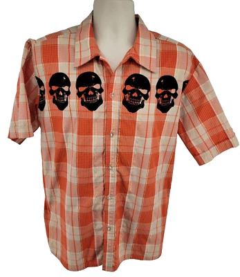 Vintage Johnny Suede Shirt Men's XL Orange Plaid Short Sleeve Skulls Made in USA - Image 1 of 4
