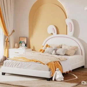 Full Size Upholstered Leather Platform Bed with Rabbit Ornament - Picture 1 of 12