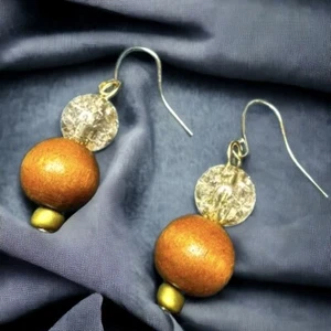 Two-Bead Earrings On Goldtone Wire Hooks With Wood And Crackle Beads - Picture 1 of 2