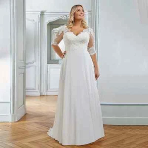 Vintage Plus Size Wedding Dress Half Sleeves V Neck Lace Bridal Gown Sweep Train - Picture 1 of 6