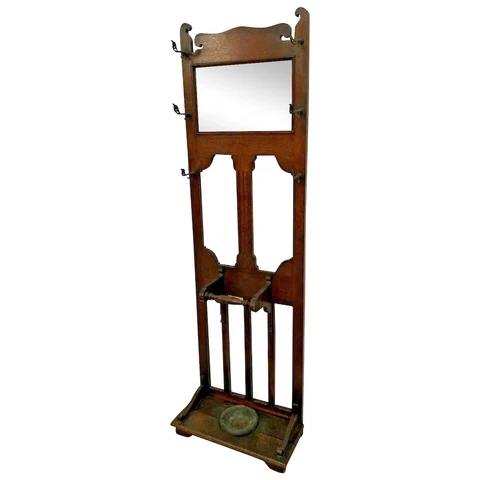 Antique Hall Tree Brass Bird Theme Hooks Mirror Solid Oak Hat stand Coat Rack Cover
