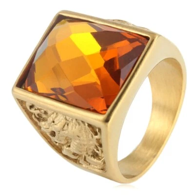 Anillo de boda clásico de acero inoxidable con circonita cúbica naranja chapado en oro para hombre Foto 1 de 3