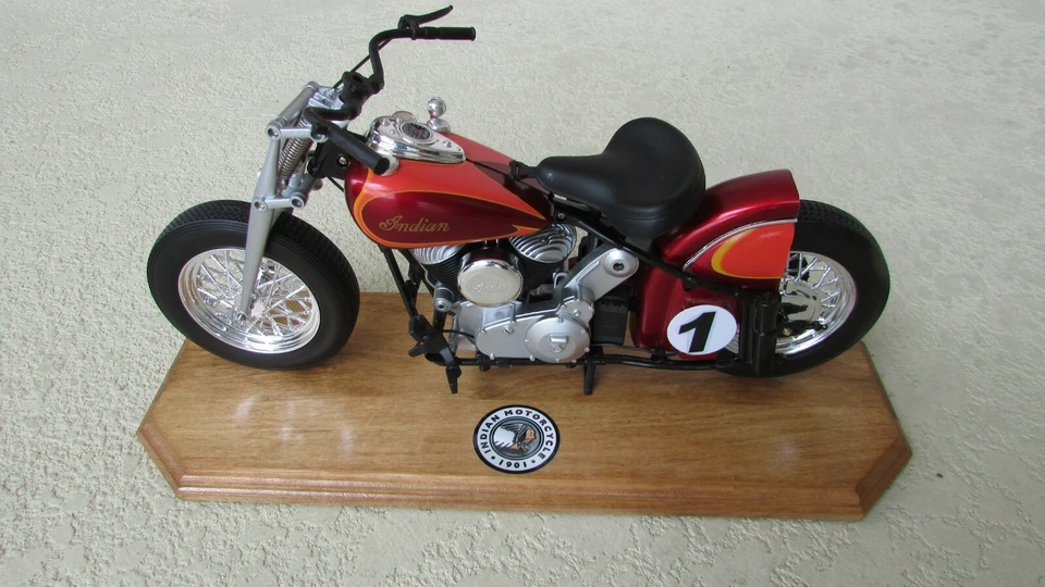 1948 Indian custom race motorcycle V twin 1:6 scale & labeled wood display stand - Image 1 of 4