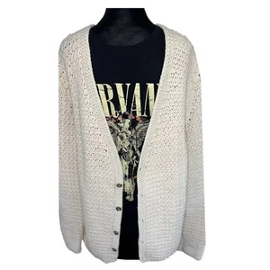 Vintage Handknit Chunky Knit Cardigan 80s Cream Kurt Cobain Grunge Sweater - 2XL - Picture 1 of 5
