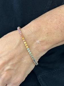 14kt Solid Gold Multi Color Sapphire Tennis Bracelet #BSAP - Picture 1 of 7
