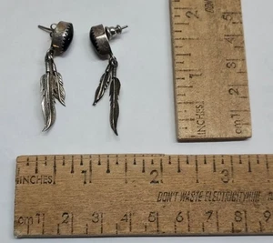 BLACK oval with metal FEATHERS - STERLING - pierced EARRINGS - listing #7766 - Picture 1 of 10