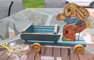 Vintage 1940er Fisher Price Holz Osterhase Hase Wagen Zugspielzeug #466 RAR - Bild 1 von 15