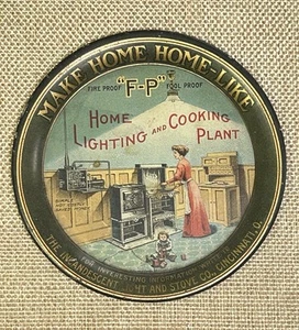 ANTIQUE F-P HOME LIGHTING COOKING PLANT TIN LITHO TIP TRAY SIGN CINCINNATI OH - Picture 1 of 10