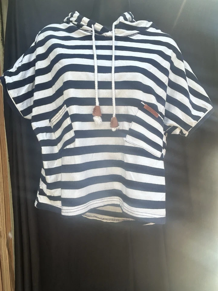 Top corto a rayas azules estilo club de campo talla S/M para mujer con capucha y bolsillos Foto 1 de 4