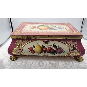Vintage Frida & Nada Western Germany Fruit Motif Footed Pink & Gilt Metal Tin - Picture 1 of 11