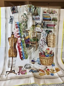 Fabric Panel on Flour Sack Fabric Depicting Atelier Dressmaker Scene 23" x 33" - Picture 1 of 7