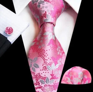 Pink Floral Necktie Set with Handkerchief and Cufflinks - Picture 1 of 1